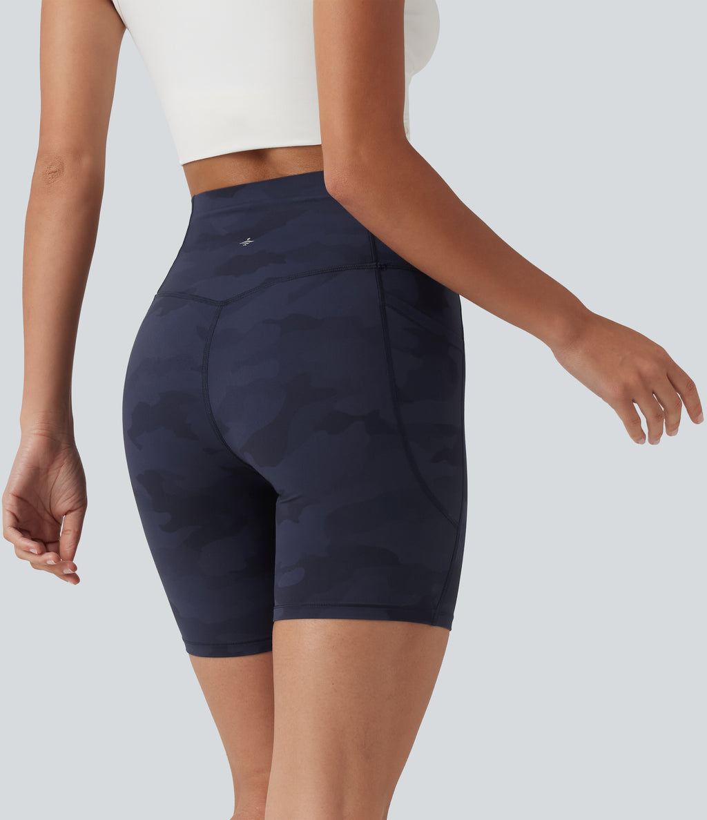Camo Print High Waisted Tummy Control Training Biker Shorts 7'' with Pockets — Navy Camo — view 3