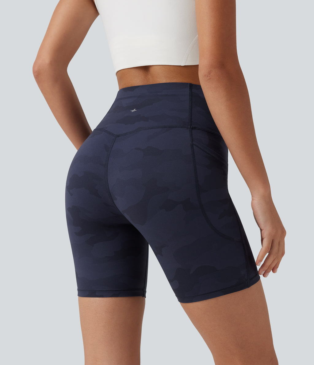Camo Print High Waisted Tummy Control Training Biker Shorts 7'' with Pockets — Navy Camo — view 6