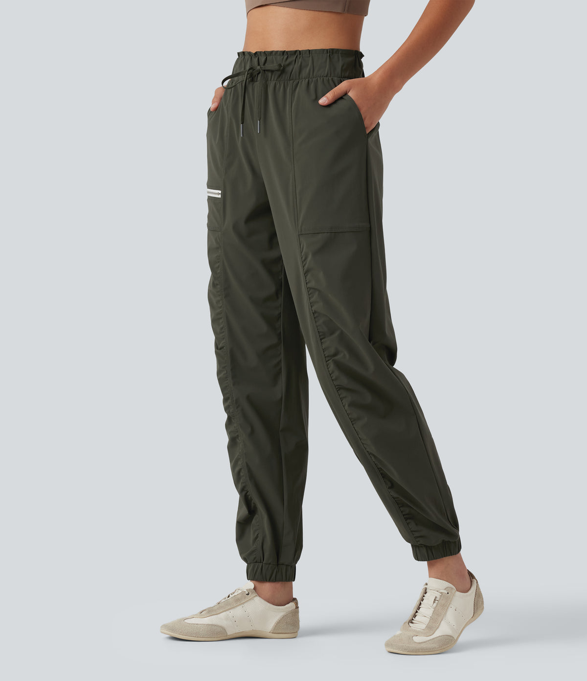 Mid Rise Drawstring Ruched Tapered Quick Dry InstantCool Running Joggers with Pockets-UPF40+ — Forest Night — view 3