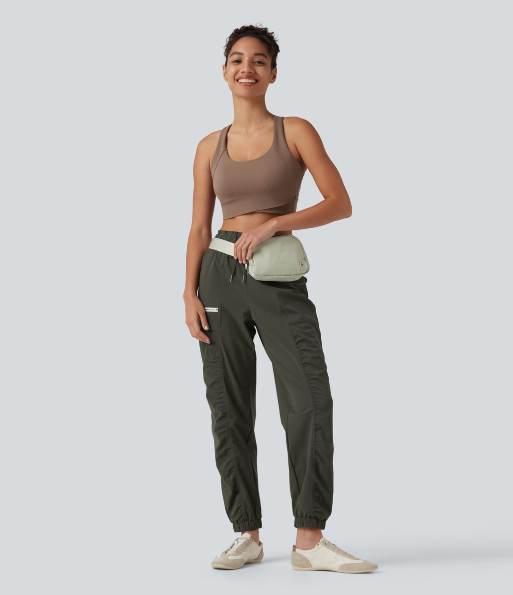 Mid Rise Drawstring Ruched Tapered Quick Dry InstantCool Running Joggers with Pockets-UPF40+ — Forest Night — view 8