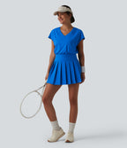 V-neck Invisible Zipper Short Sleeve Pleated Hem 2-in-1 Mini Tennis Active Dress with Pockets — Pure Tile Blue — view 8
