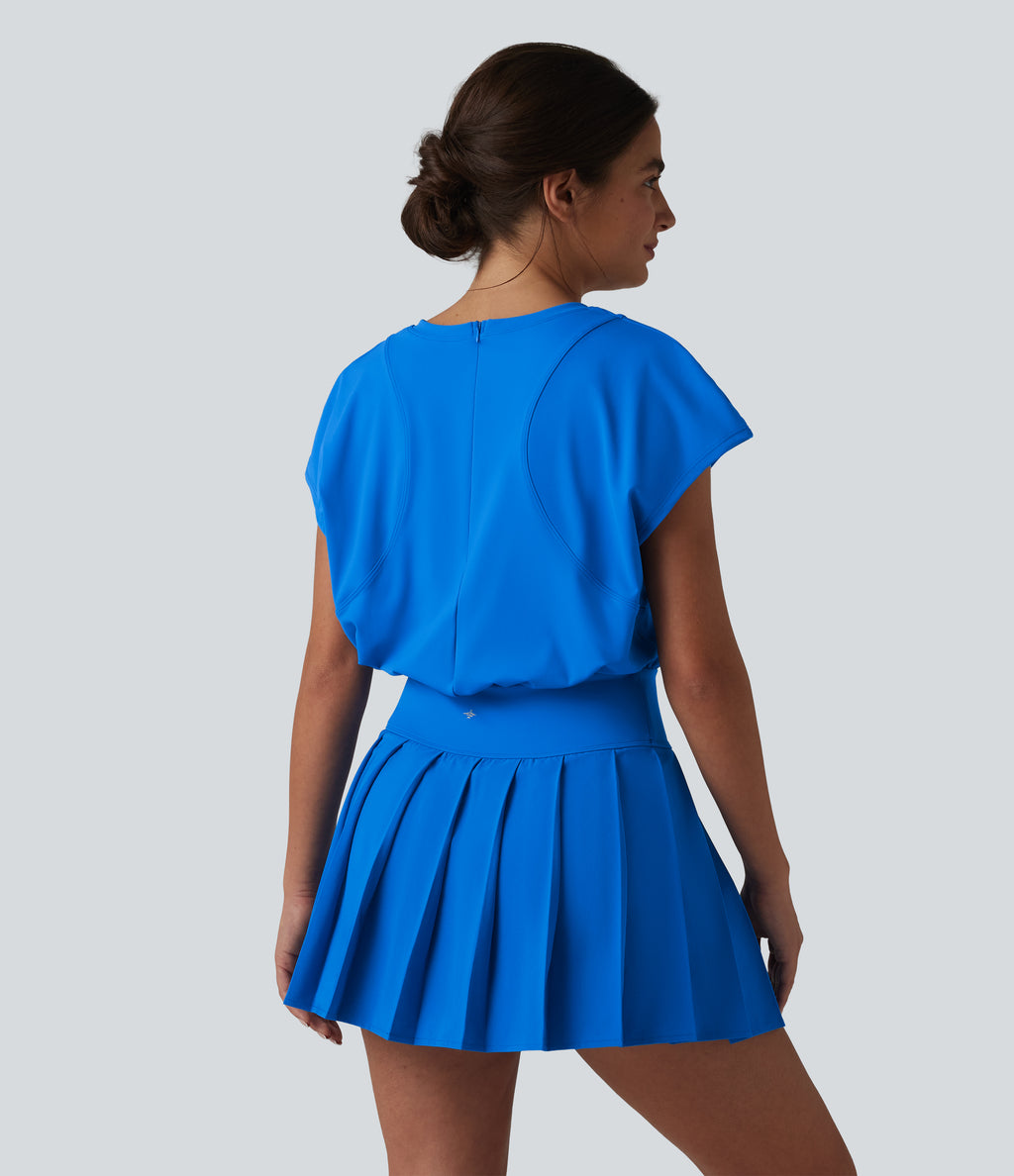 V-neck Invisible Zipper Short Sleeve Pleated Hem 2-in-1 Mini Tennis Active Dress with Pockets — Pure Tile Blue — view 2