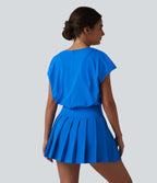 V-neck Invisible Zipper Short Sleeve Pleated Hem 2-in-1 Mini Tennis Active Dress with Pockets — Pure Tile Blue — view 2