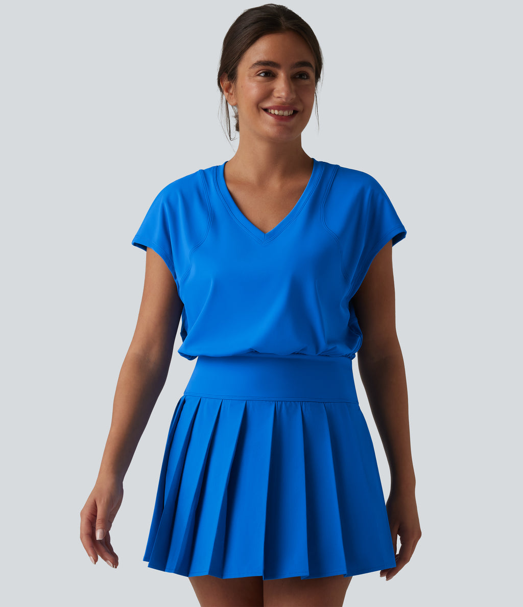 V-neck Invisible Zipper Short Sleeve Pleated Hem 2-in-1 Mini Tennis Active Dress with Pockets — Pure Tile Blue — view 7