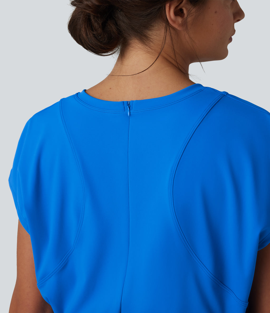 V-neck Invisible Zipper Short Sleeve Pleated Hem 2-in-1 Mini Tennis Active Dress with Pockets — Pure Tile Blue — view 6