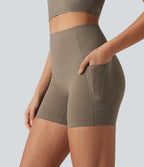 Ribbed High Waisted Tummy Control Yoga Biker Shorts 5'' with Pockets — Dawn Brown — view 4