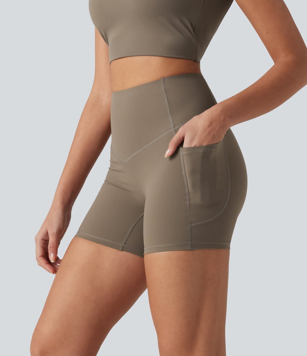 Ribbed High Waisted Tummy Control Yoga Biker Shorts 5'' with Pockets — Dawn Brown — view 2