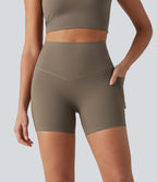 Ribbed High Waisted Tummy Control Yoga Biker Shorts 5'' with Pockets — Dawn Brown — view 3
