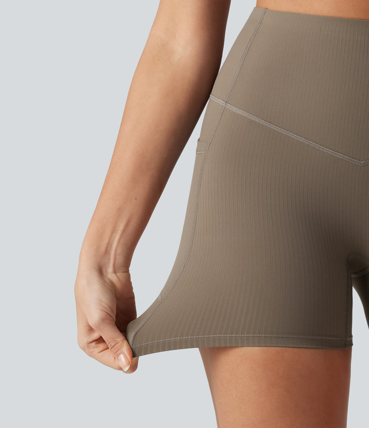 Ribbed High Waisted Tummy Control Yoga Biker Shorts 5'' with Pockets — Dawn Brown — view 7