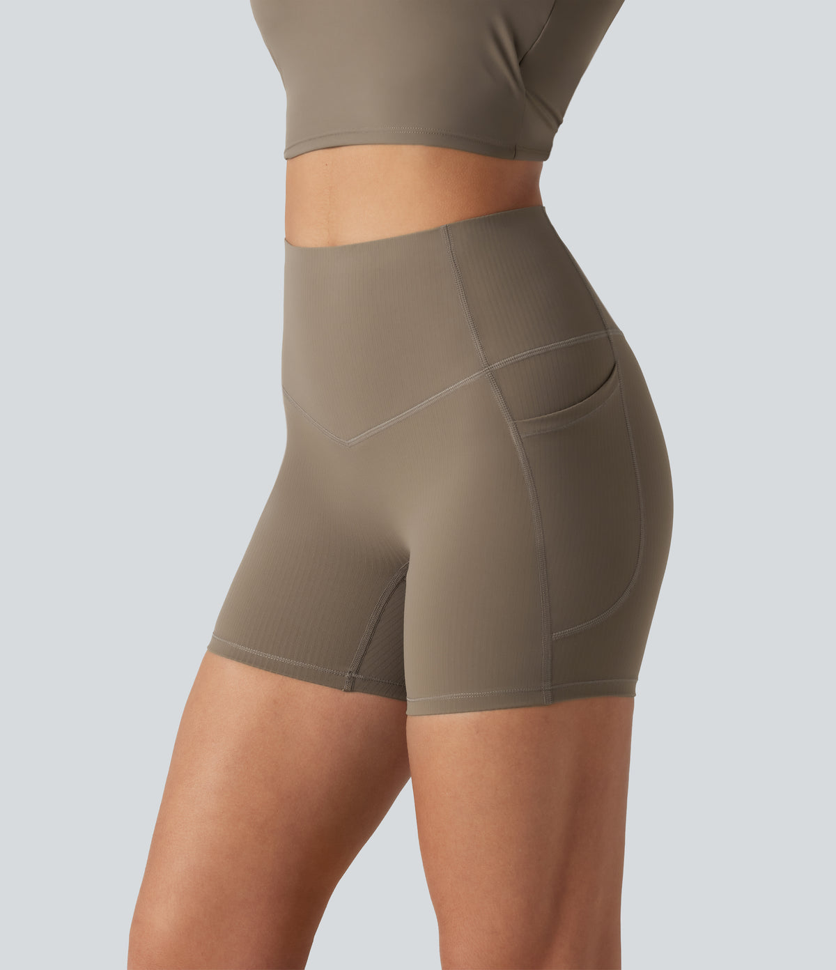 Ribbed High Waisted Tummy Control Yoga Biker Shorts 5'' with Pockets — Dawn Brown — view 5
