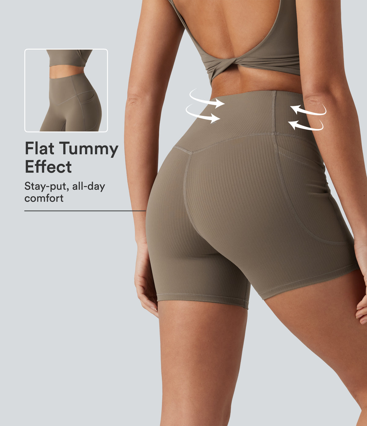 Ribbed High Waisted Tummy Control Yoga Biker Shorts 5'' with Pockets — Dawn Brown — view 1