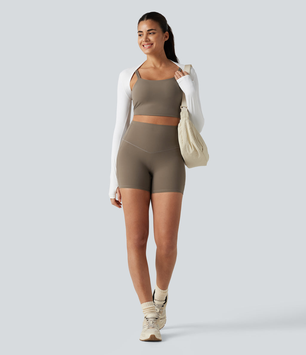 Ribbed High Waisted Tummy Control Yoga Biker Shorts 5'' with Pockets — Dawn Brown — view 8