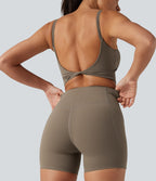 Ribbed High Waisted Tummy Control Yoga Biker Shorts 5'' with Pockets — Dawn Brown — view 6