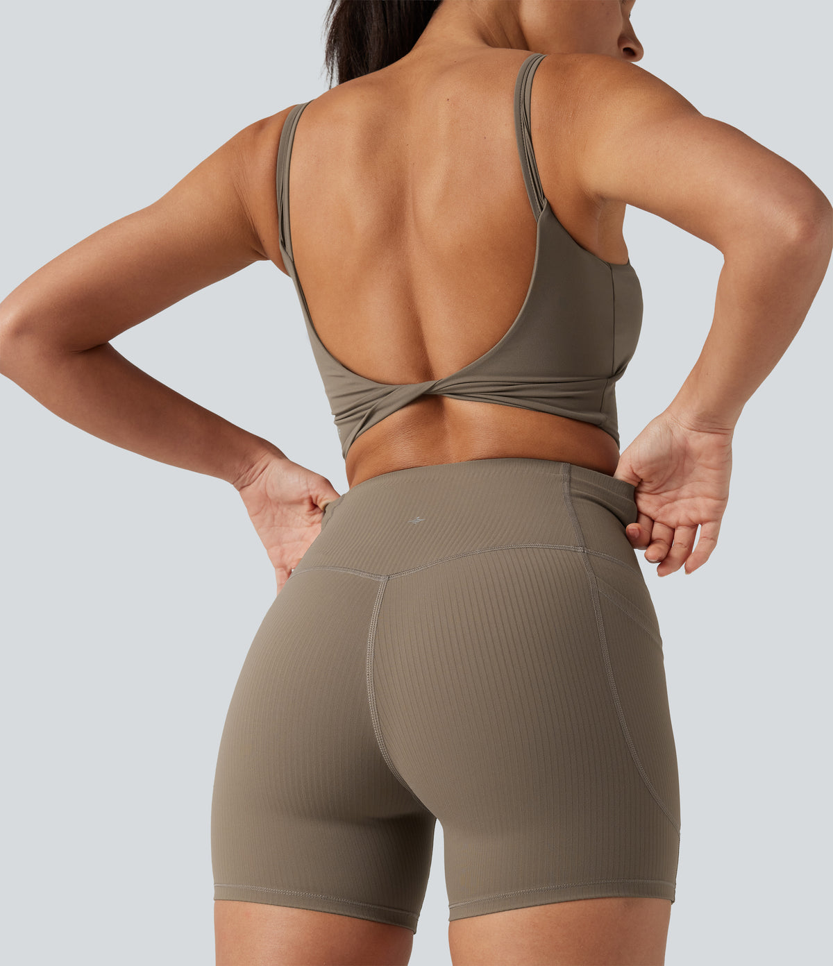 Ribbed High Waisted Tummy Control Yoga Biker Shorts 5'' with Pockets — Dawn Brown — view 6