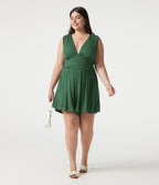 Ribbed V-neck Sleeveless Ruched Built-in Bra Casual Plus Size Playsuit with Pockets — Dark Verdant Green — view 6