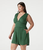 Ribbed V-neck Sleeveless Ruched Built-in Bra Casual Plus Size Playsuit with Pockets — Dark Verdant Green — view 3