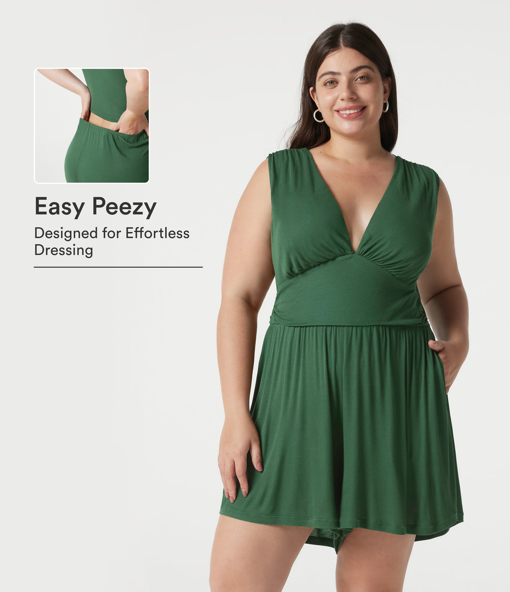 Ribbed V-neck Sleeveless Ruched Built-in Bra Casual Plus Size Playsuit with Pockets — Dark Verdant Green — view 1