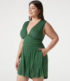 Ribbed V-neck Sleeveless Ruched Built-in Bra Casual Plus Size Playsuit with Pockets — Dark Verdant Green — view 5