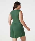 Ribbed V-neck Sleeveless Ruched Built-in Bra Casual Plus Size Playsuit with Pockets — Dark Verdant Green — view 2