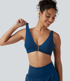 Deep V Neck Built-in Bra Bikini Top Swimsuit — Dusky Sea Blue — view 4