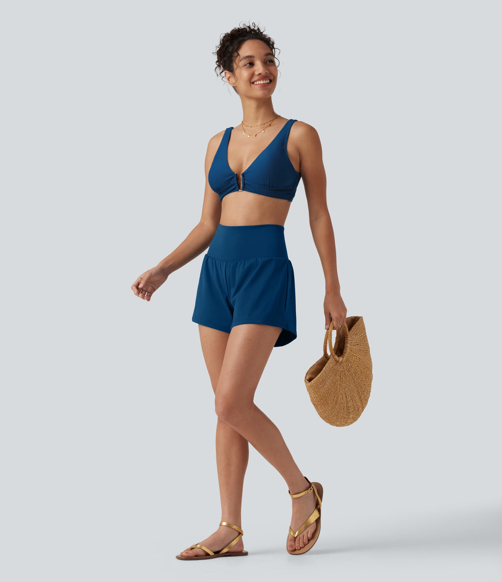 Deep V Neck Built-in Bra Bikini Top Swimsuit — Dusky Sea Blue — view 5