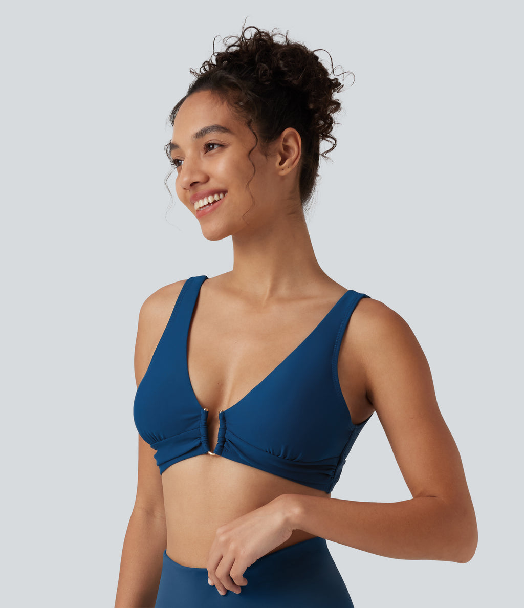 Deep V Neck Built-in Bra Bikini Top Swimsuit — Dusky Sea Blue — view 1