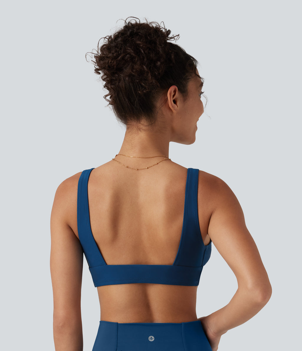 Deep V Neck Built-in Bra Bikini Top Swimsuit — Dusky Sea Blue — view 2