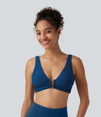 Deep V Neck Built-in Bra Bikini Top Swimsuit — Dusky Sea Blue — view 3