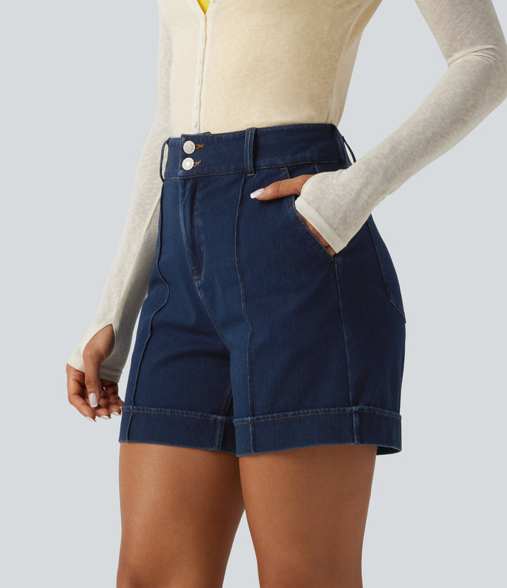 High Waisted Denim Casual Shorts 5'' with Pockets — Inkling Blue Denim — view 1