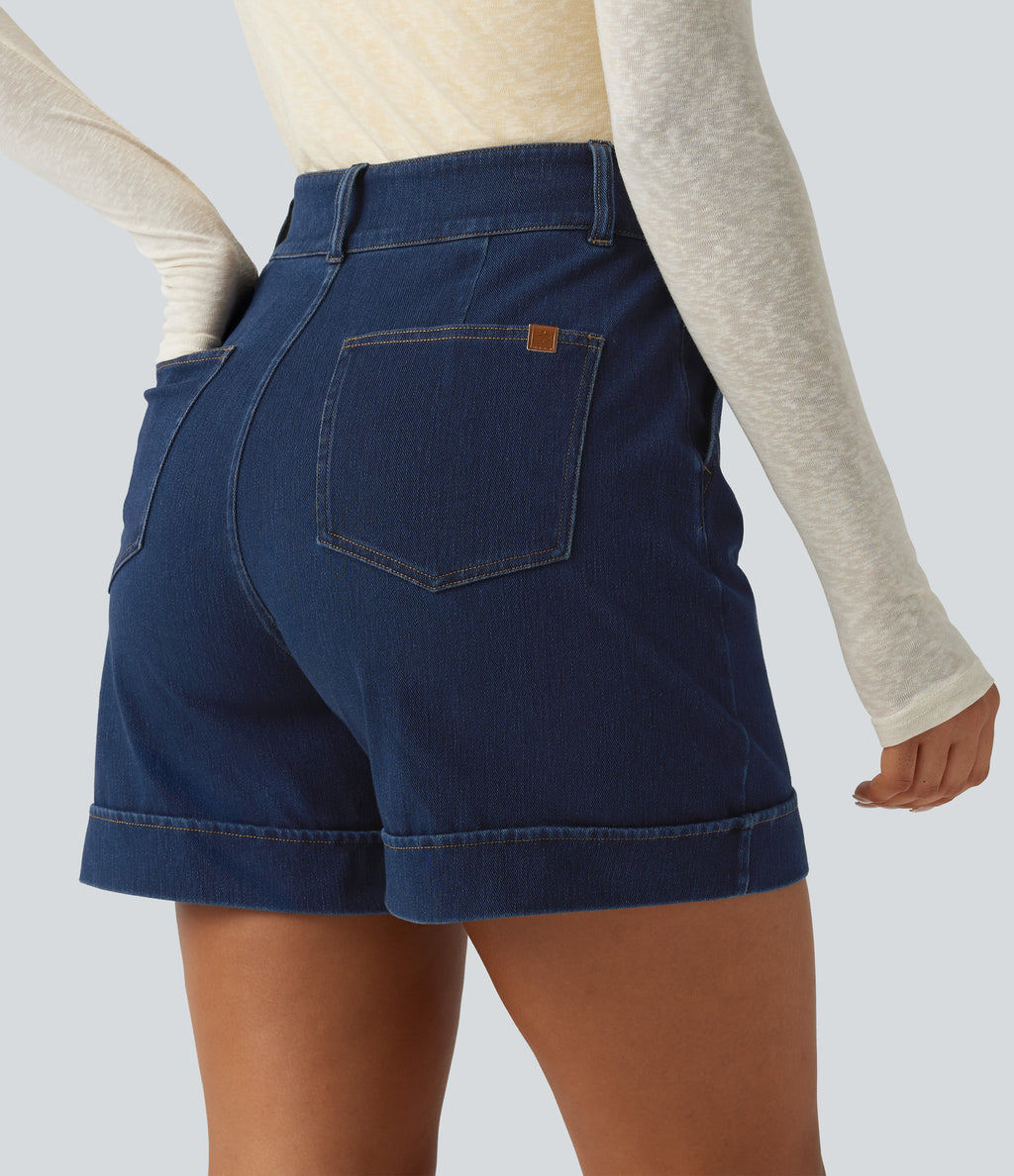 High Waisted Denim Casual Shorts 5'' with Pockets — Inkling Blue Denim — view 5