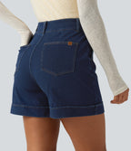 High Waisted Denim Casual Shorts 5'' with Pockets — Inkling Blue Denim — view 5