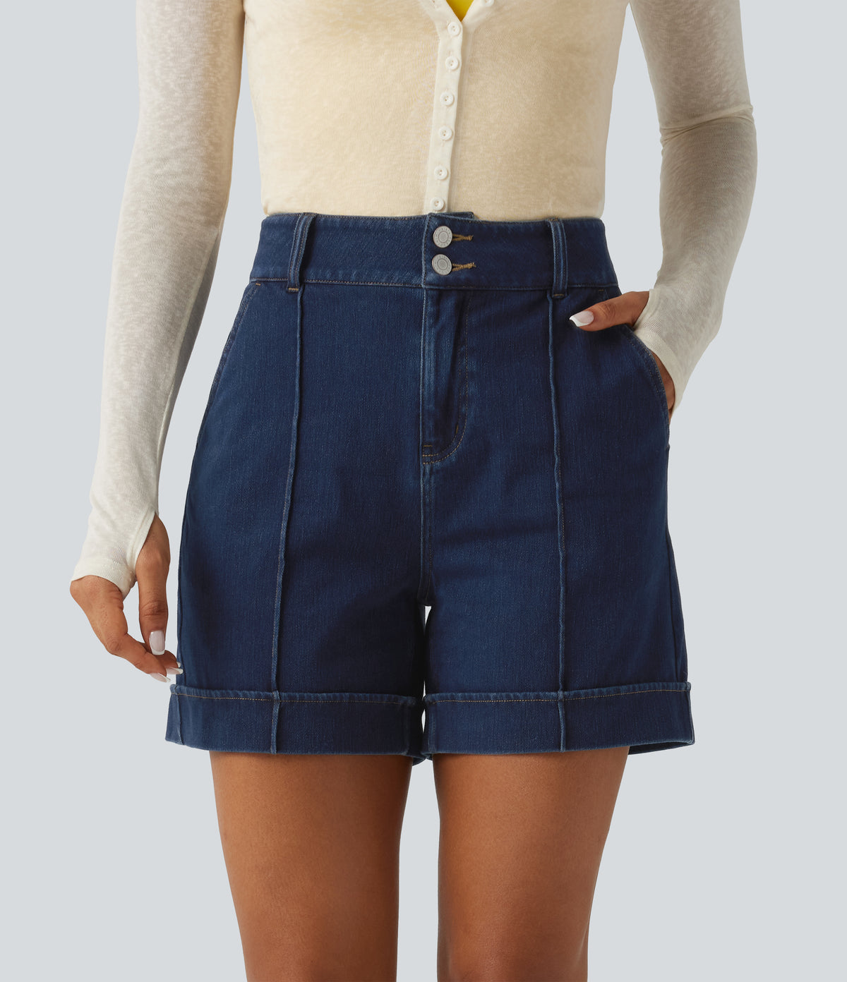 High Waisted Denim Casual Shorts 5'' with Pockets — Inkling Blue Denim — view 3