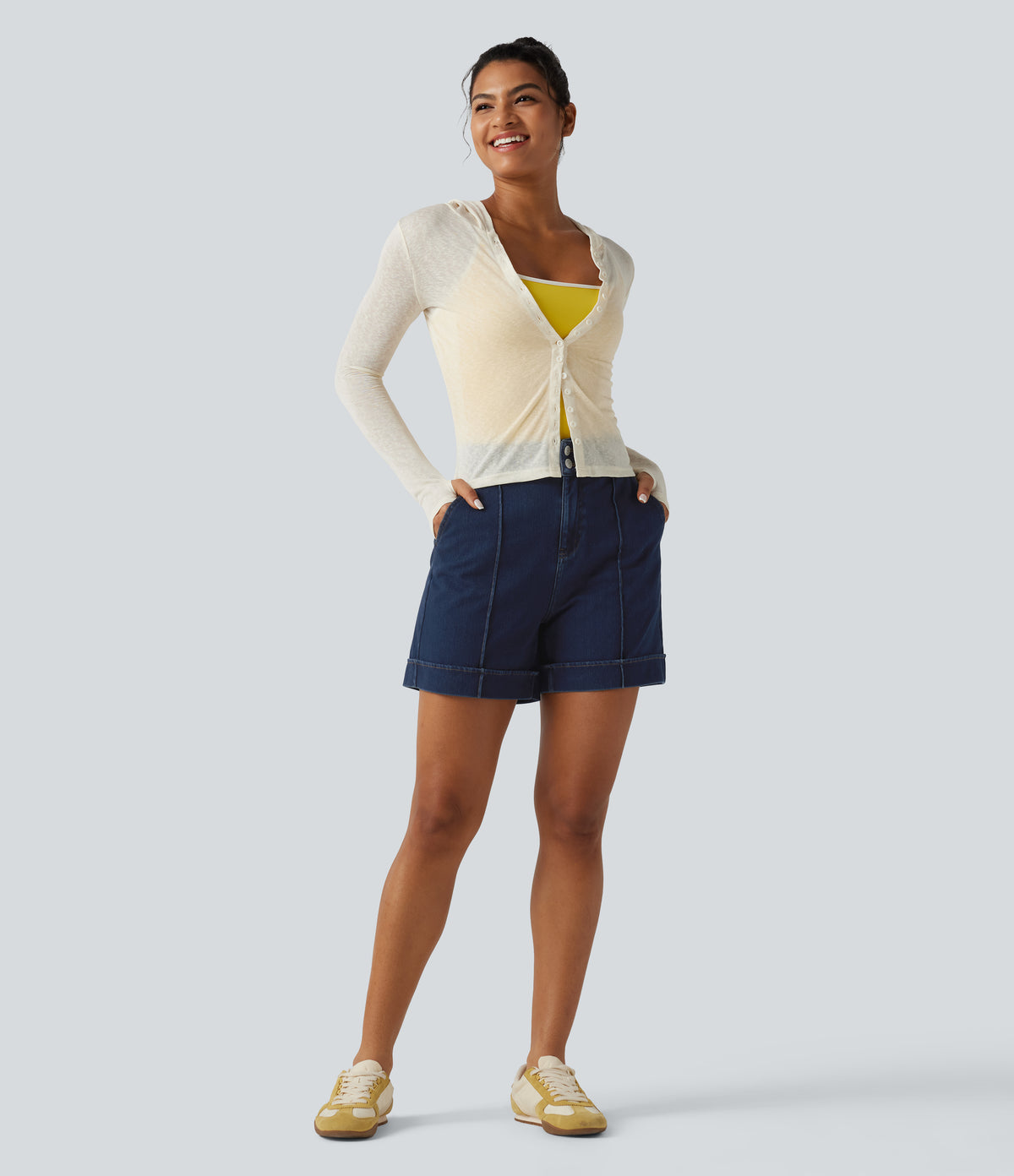 High Waisted Denim Casual Shorts 5'' with Pockets — Inkling Blue Denim — view 7