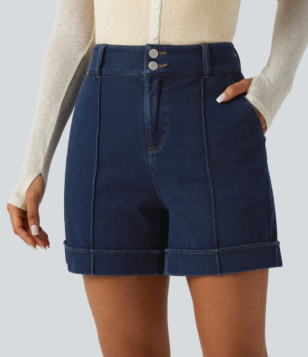 High Waisted Denim Casual Shorts 5'' with Pockets — Inkling Blue Denim — view 4