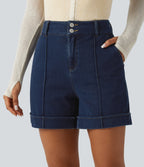 High Waisted Denim Casual Shorts 5'' with Pockets — Inkling Blue Denim — view 4