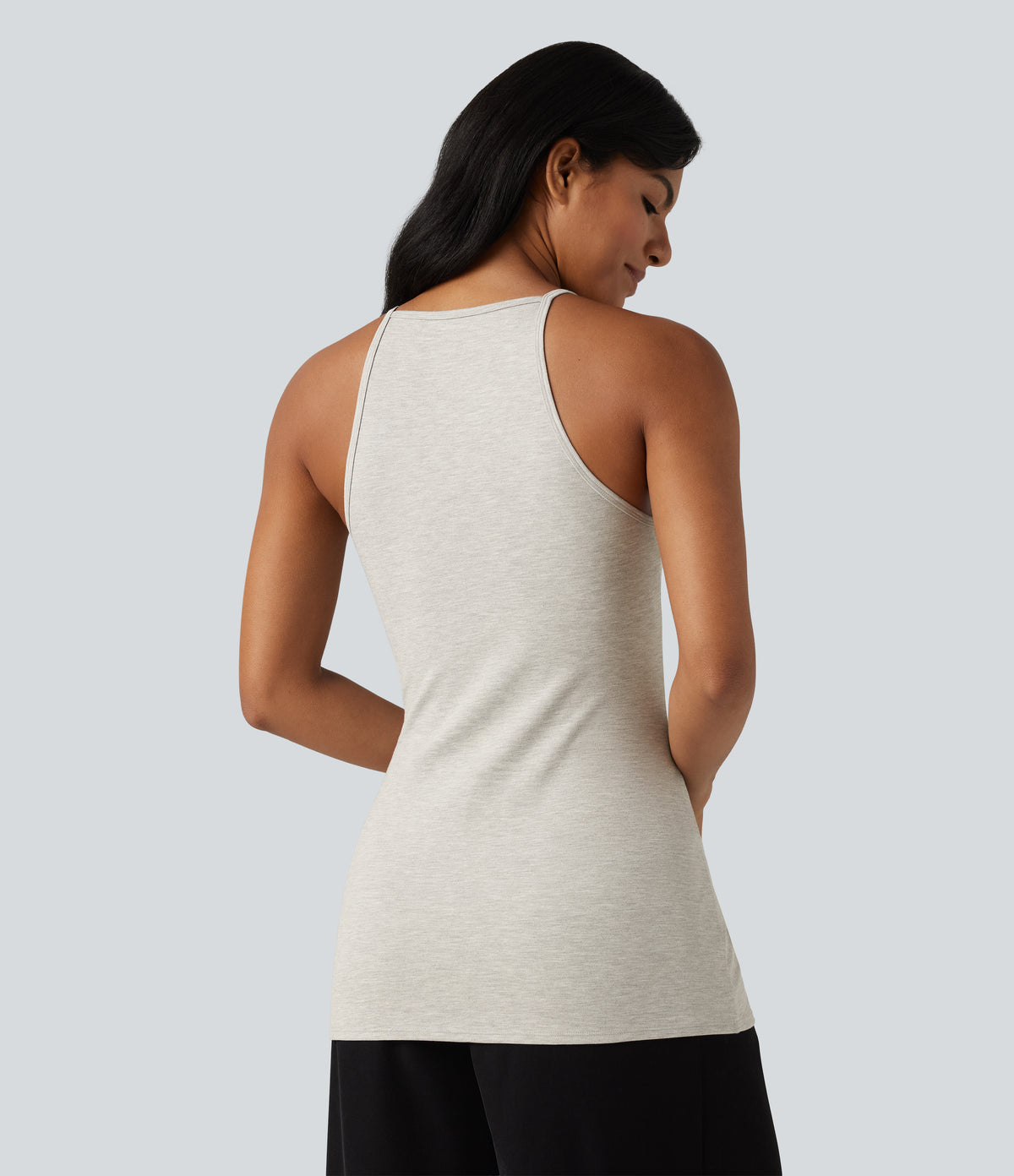Round Neck Split Hem Slim Casual Tank Top — Tea White Flower Gray — view 2