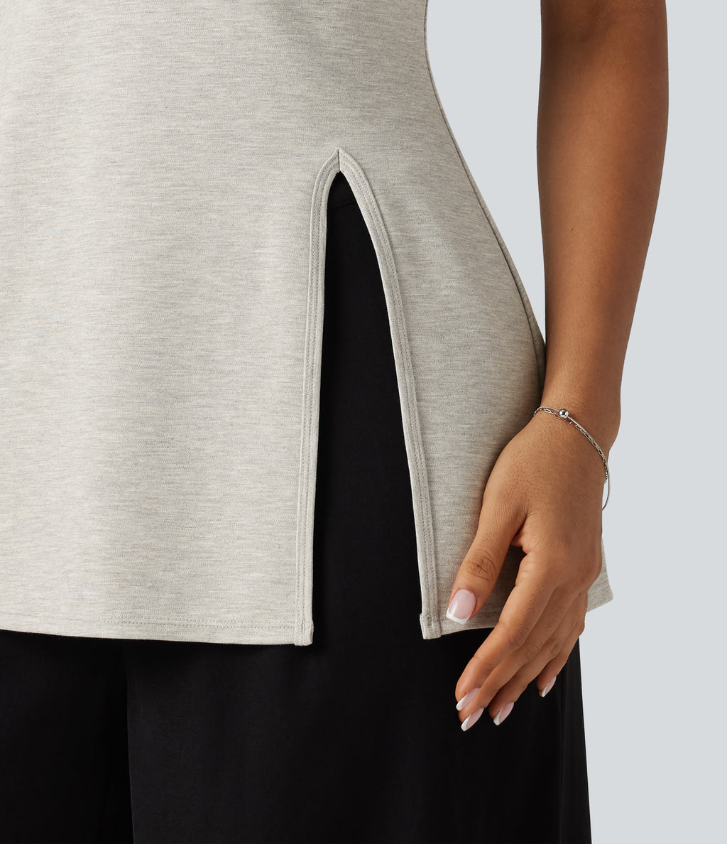 Round Neck Split Hem Slim Casual Tank Top — Tea White Flower Gray — view 5