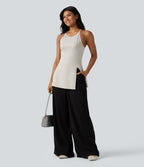 Round Neck Split Hem Slim Casual Tank Top — Tea White Flower Gray — view 7