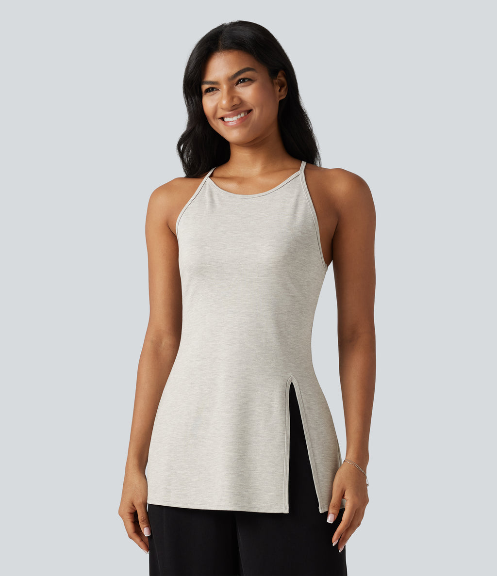 Round Neck Split Hem Slim Casual Tank Top — Tea White Flower Gray — view 4