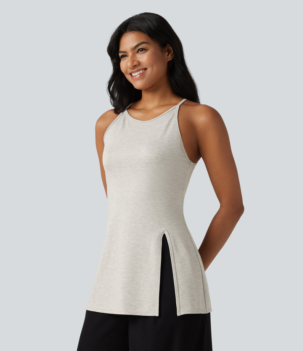 Round Neck Split Hem Slim Casual Tank Top — Tea White Flower Gray — view 3