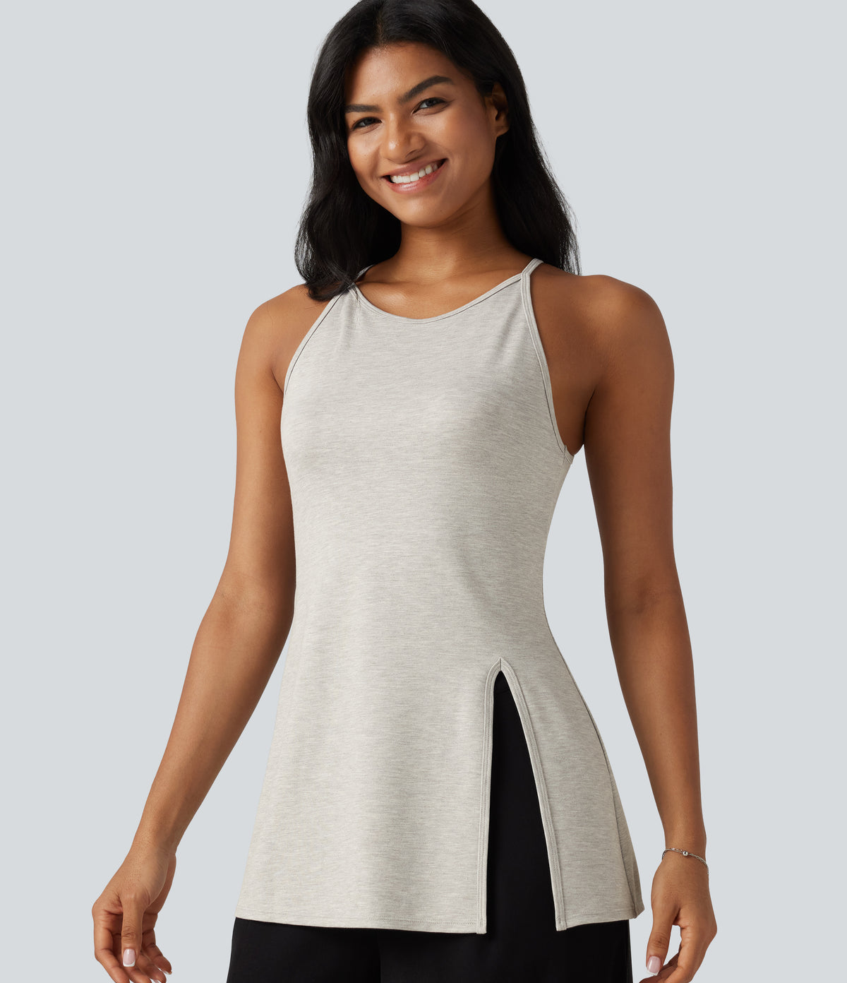 Round Neck Split Hem Slim Casual Tank Top — Tea White Flower Gray — view 1