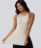 Round Neck Split Hem Slim Casual Tank Top — Tea White Flower Gray — view 6