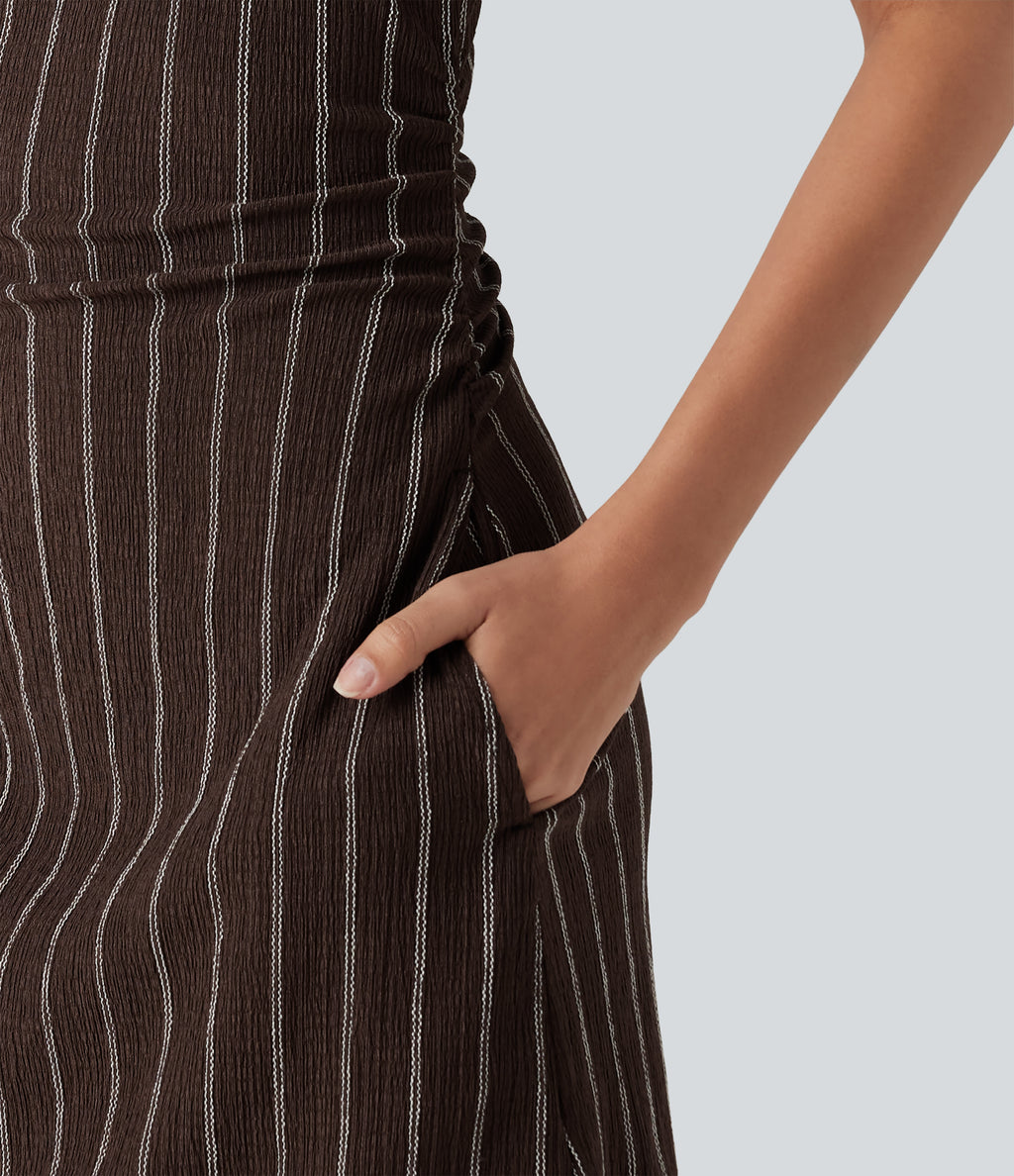 Boat Neck Sleeveless Striped Mini Casual Dress with Pockets — Cafe Dual Stripe — view 5