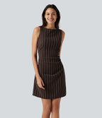 Boat Neck Sleeveless Striped Mini Casual Dress with Pockets — Cafe Dual Stripe — view 3