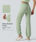 Crossover High-waisted Casual Stretch Linen Balloon Joggers with Pockets — Mist Meadow Green — view 1