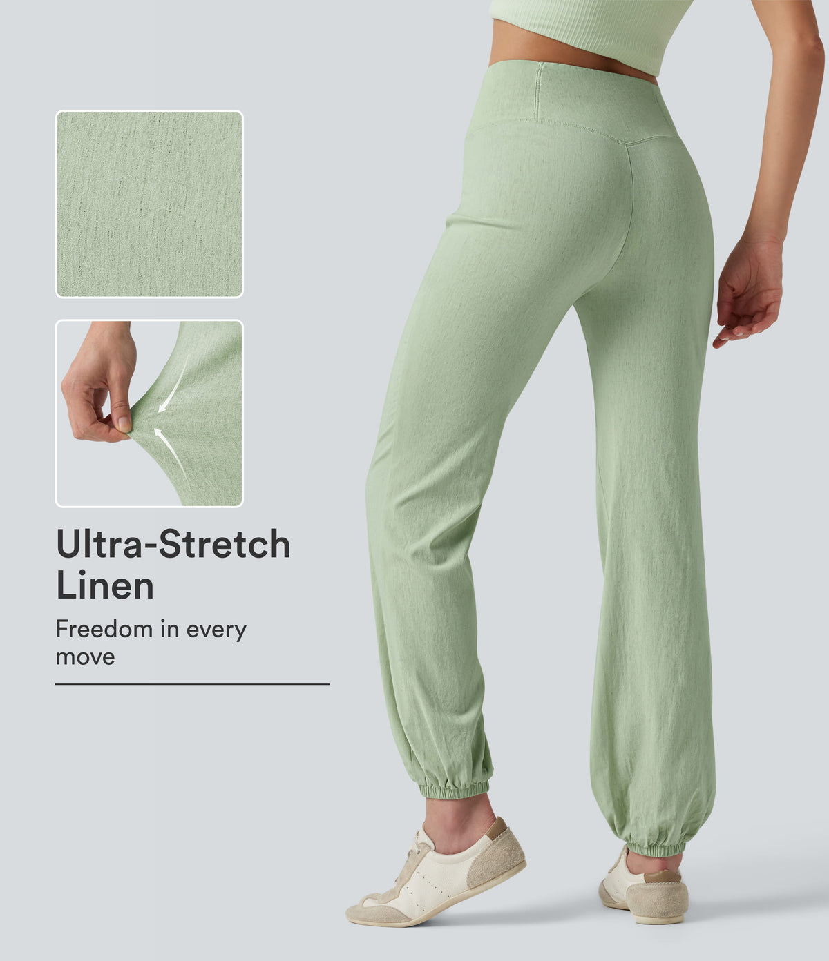 Crossover High-waisted Casual Stretch Linen Balloon Joggers with Pockets — Mist Meadow Green — view 1