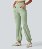 Crossover High-waisted Casual Stretch Linen Balloon Joggers with Pockets — Mist Meadow Green — view 3