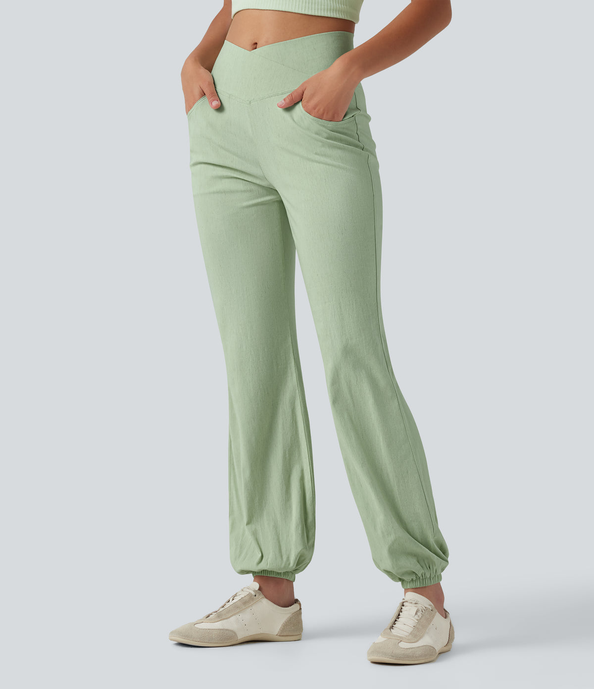 Crossover High-waisted Casual Stretch Linen Balloon Joggers with Pockets — Mist Meadow Green — view 3