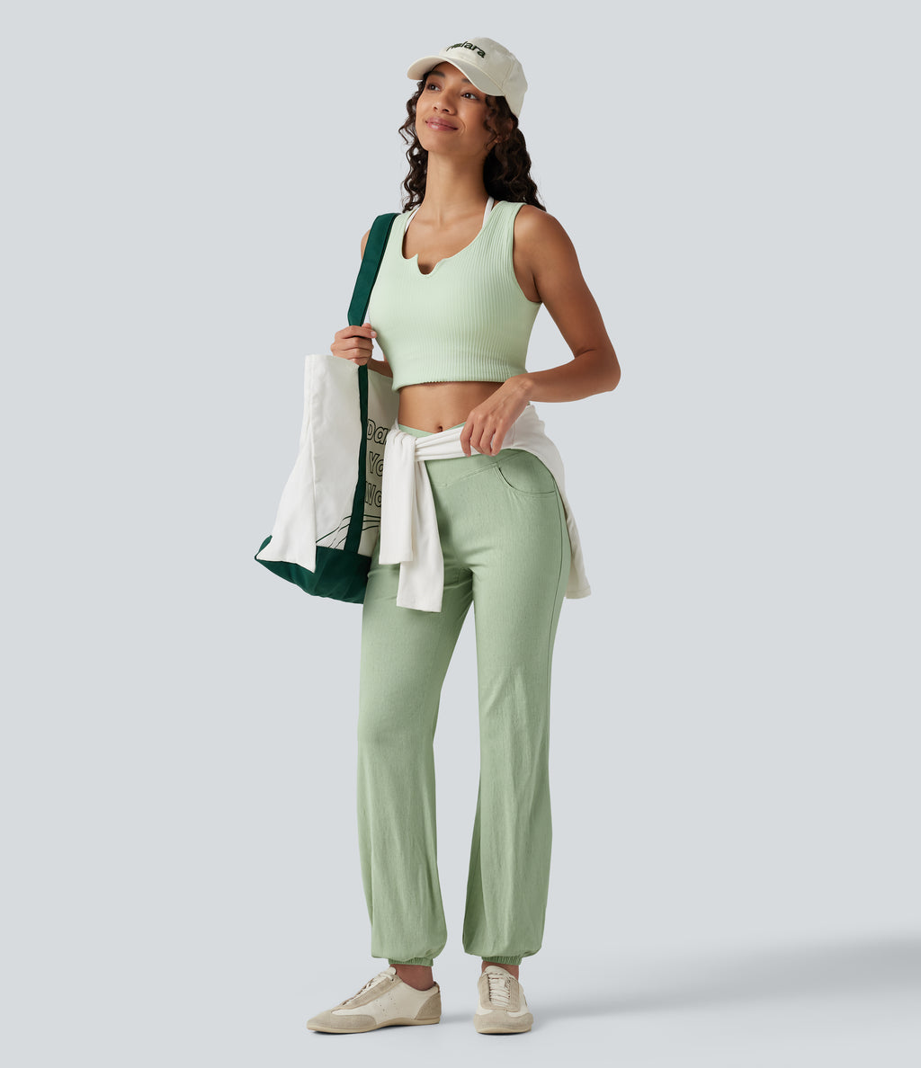 Crossover High-waisted Casual Stretch Linen Balloon Joggers with Pockets — Mist Meadow Green — view 6