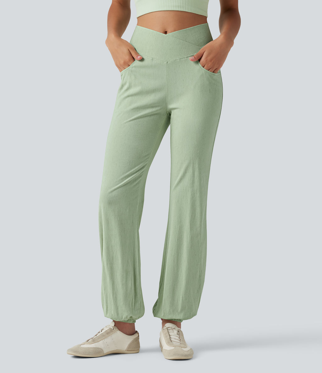 Crossover High-waisted Casual Stretch Linen Balloon Joggers with Pockets — Mist Meadow Green — view 2